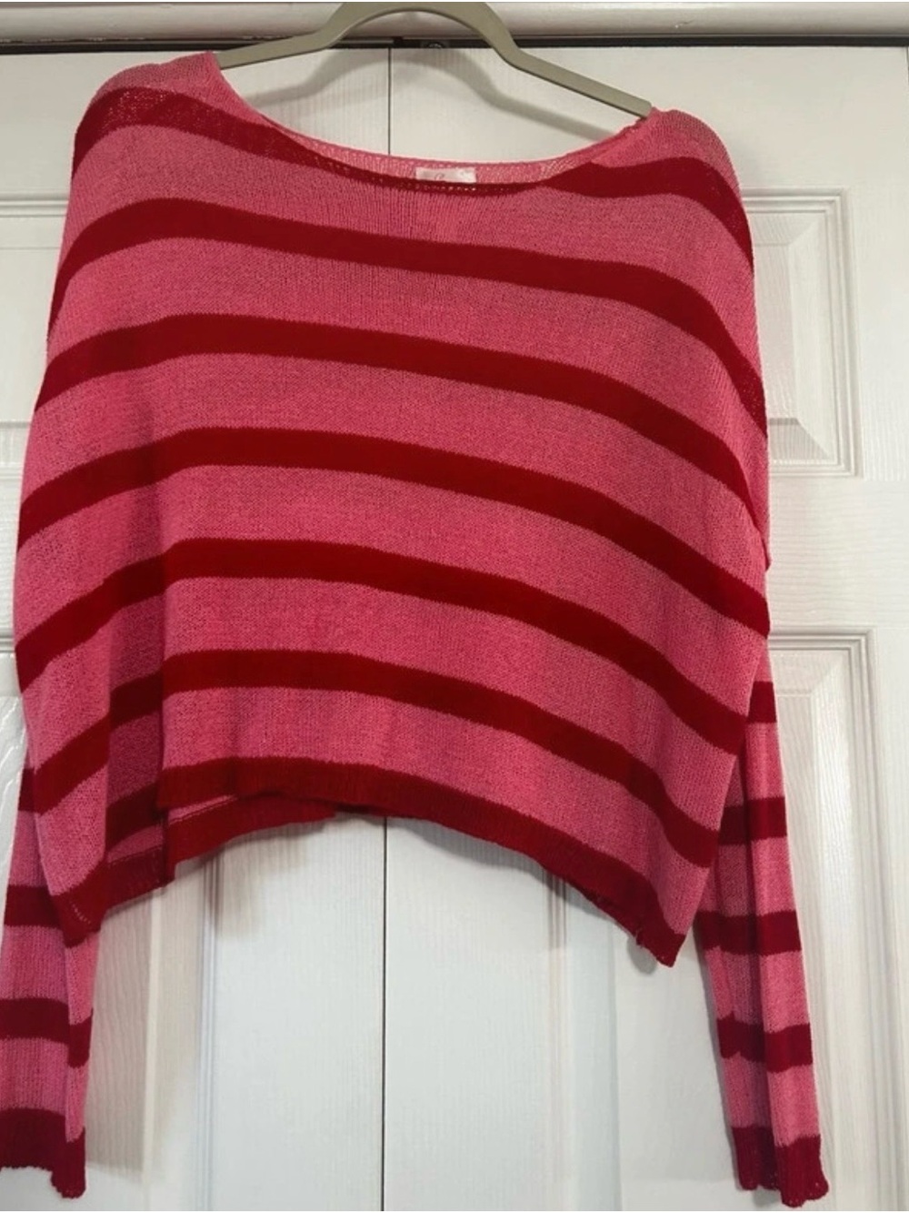 So Me Pink & Red Striped Sheer Knit Cropped Sweater Size S